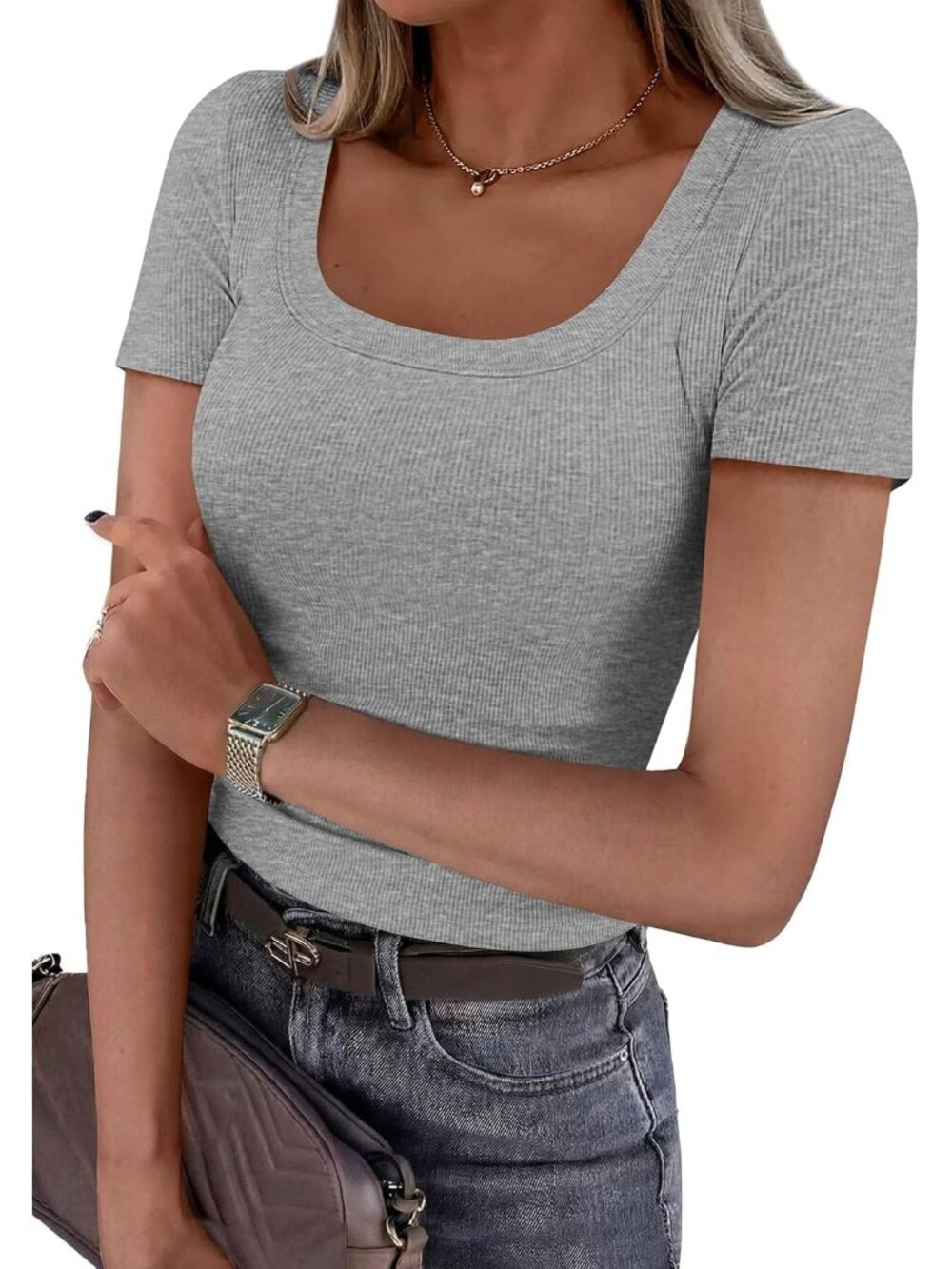Women's Grey Short Sleeve Scoop Neck Casual Ribbed Fitted Tops Shirts